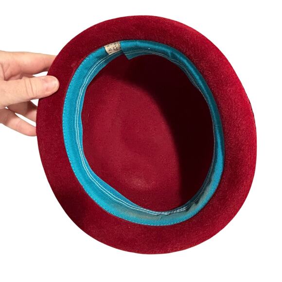 Vintage burgundy red felted wool bucket hat rolled brim Union Label bow trim - Picture 6 of 9